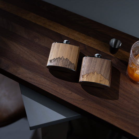 6 oz. Wooden Hip Flask (Sawtooth Mountains in Bamboo & Black Walnut)