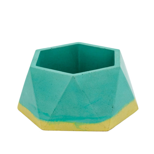 Hexagon-Shaped Pottery Plant Holder | Aqua & Yellow | 4.5" x 3.75" x 2" | Color Crete Creations