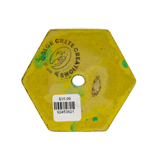 Hexagon-Shaped Pottery Plant Holder | Aqua & Yellow | 4.5" x 3.75" x 2" | Color Crete Creations