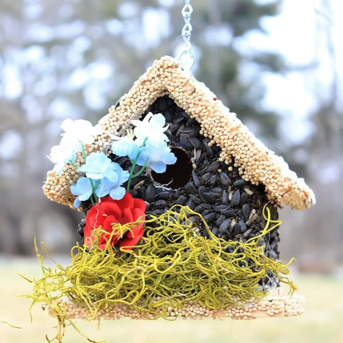 Handmade Edible Birdhouse - Light Roof, Short Birdhouse Covered in Bird Seeds