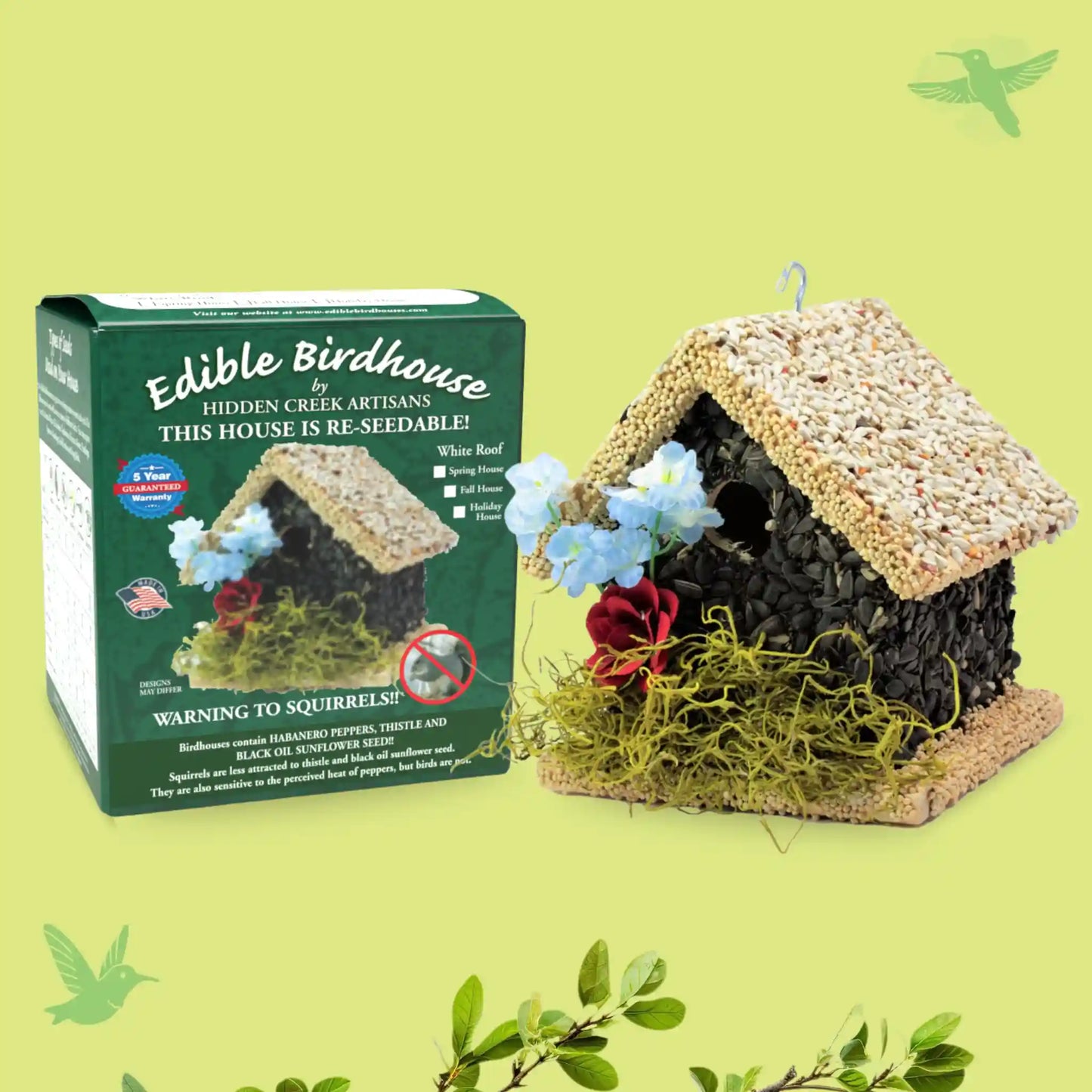 Handmade Edible Birdhouse - Light Roof, Short Birdhouse Covered in Bird Seeds