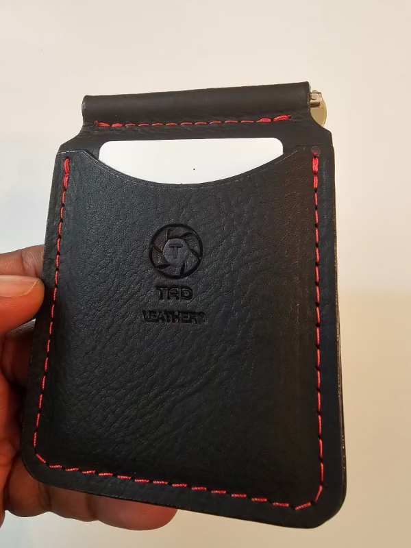 Black Leather Money Clip with Red Stitching | Premium Full-Grain Leather by Tad Leathers