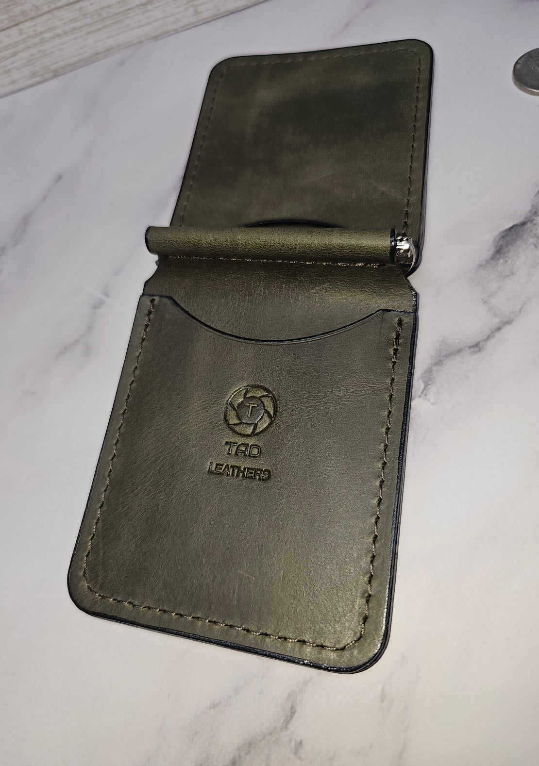 Handcrafted Leather Money Clip - Olive Green- | Premium Full-Grain Leather | Tad Leathers"