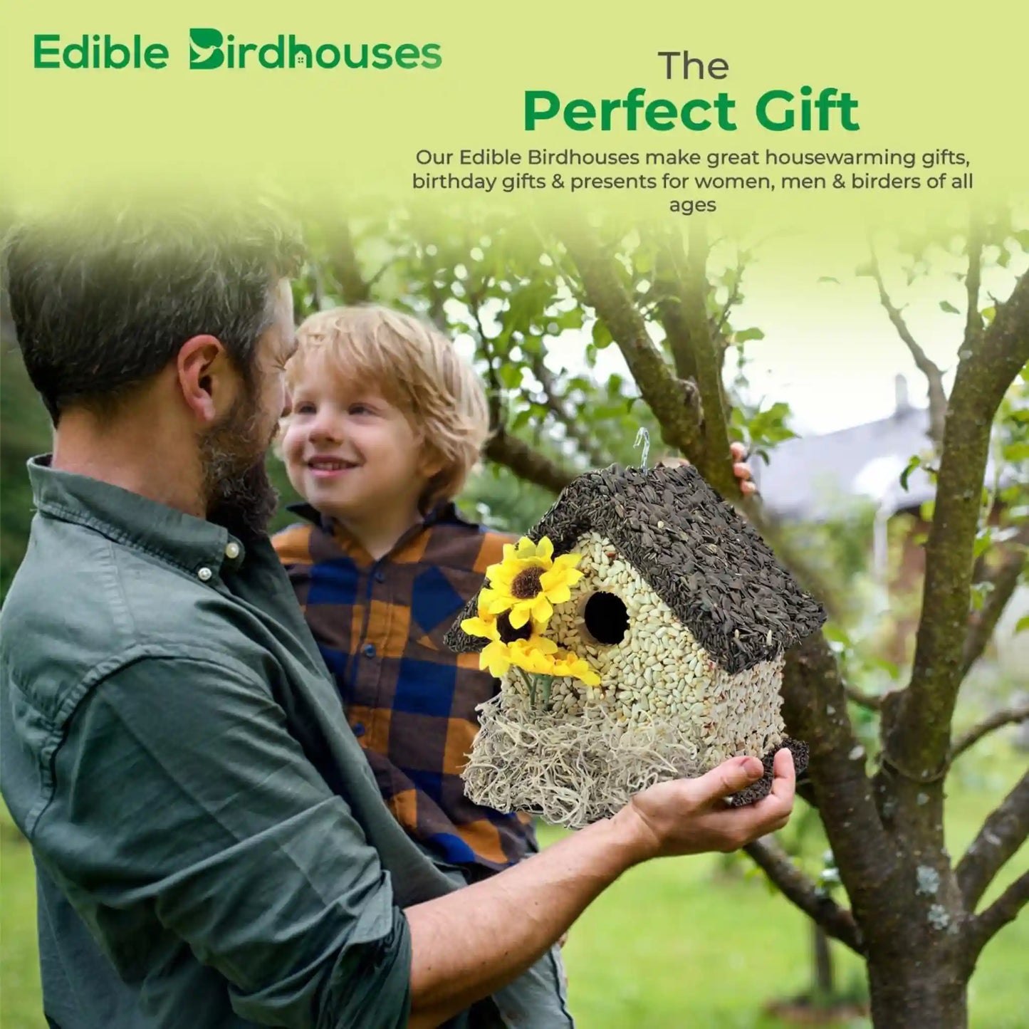 Handmade Edible Birdhouse - Dark Roof, Short Birdhouse Covered in Bird Seeds