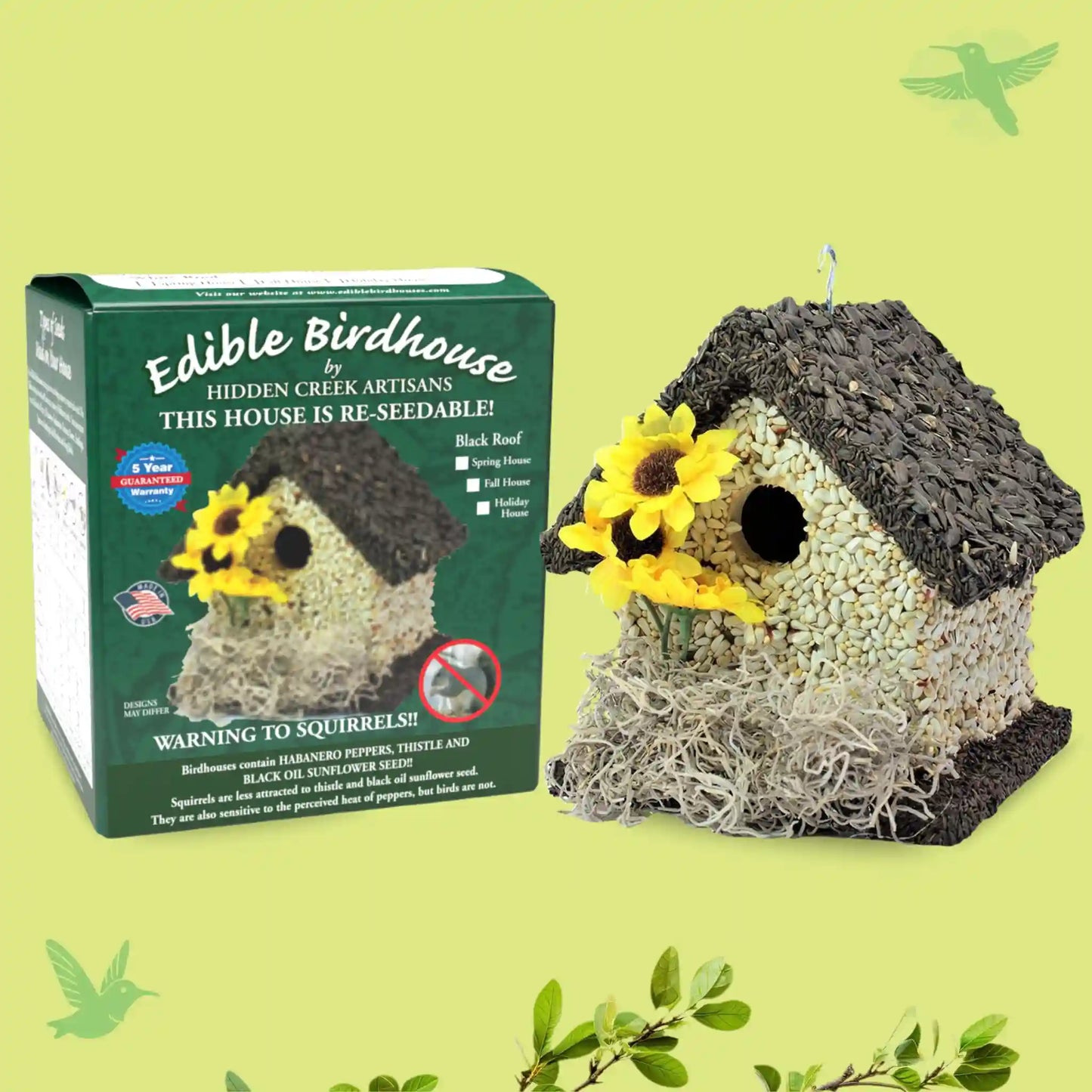 Handmade Edible Birdhouse - Dark Roof, Short Birdhouse Covered in Bird Seeds