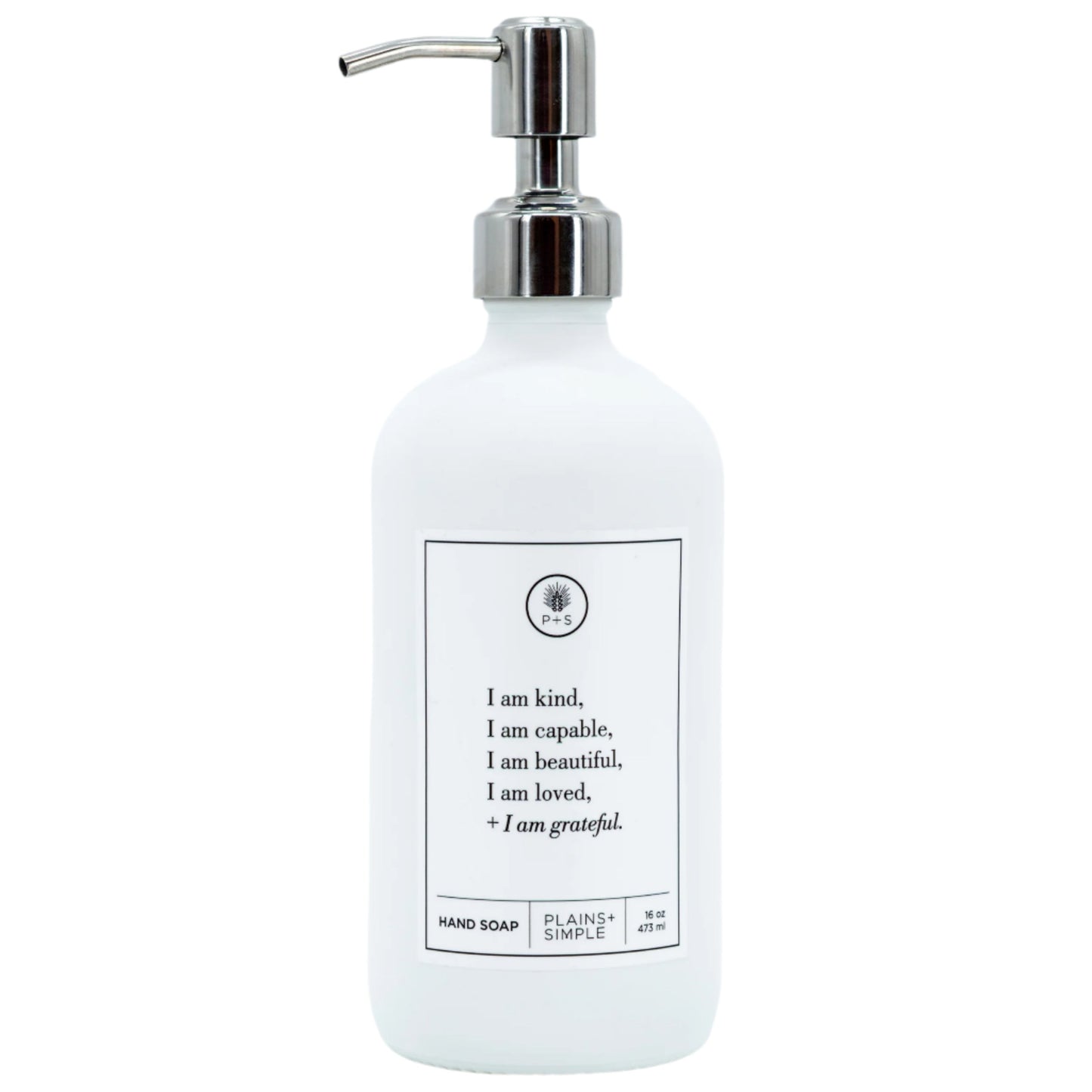 I Am Kind White Glass Dispenser | 16 oz | Plains + Simple