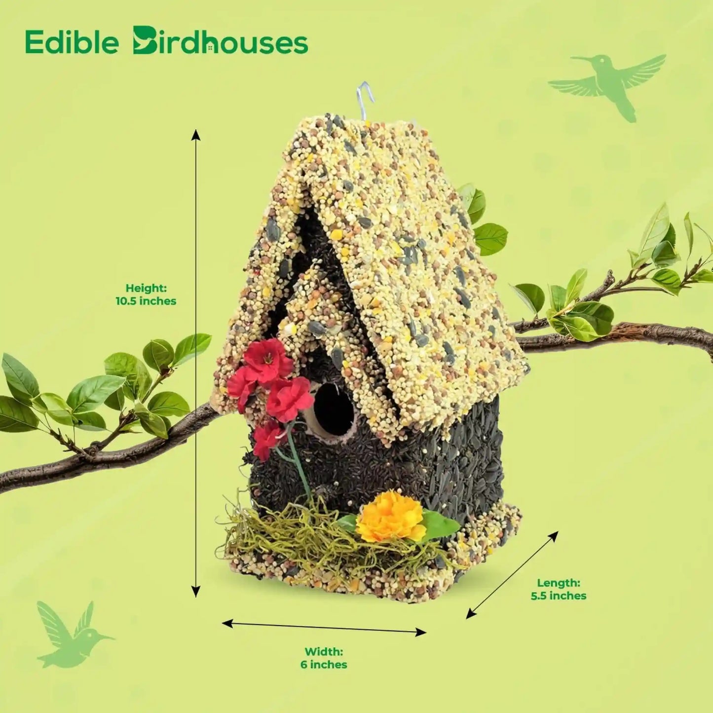 Handmade Edible Birdhouse - Light Roof, Tall Birdhouse Covered in Bird Seeds