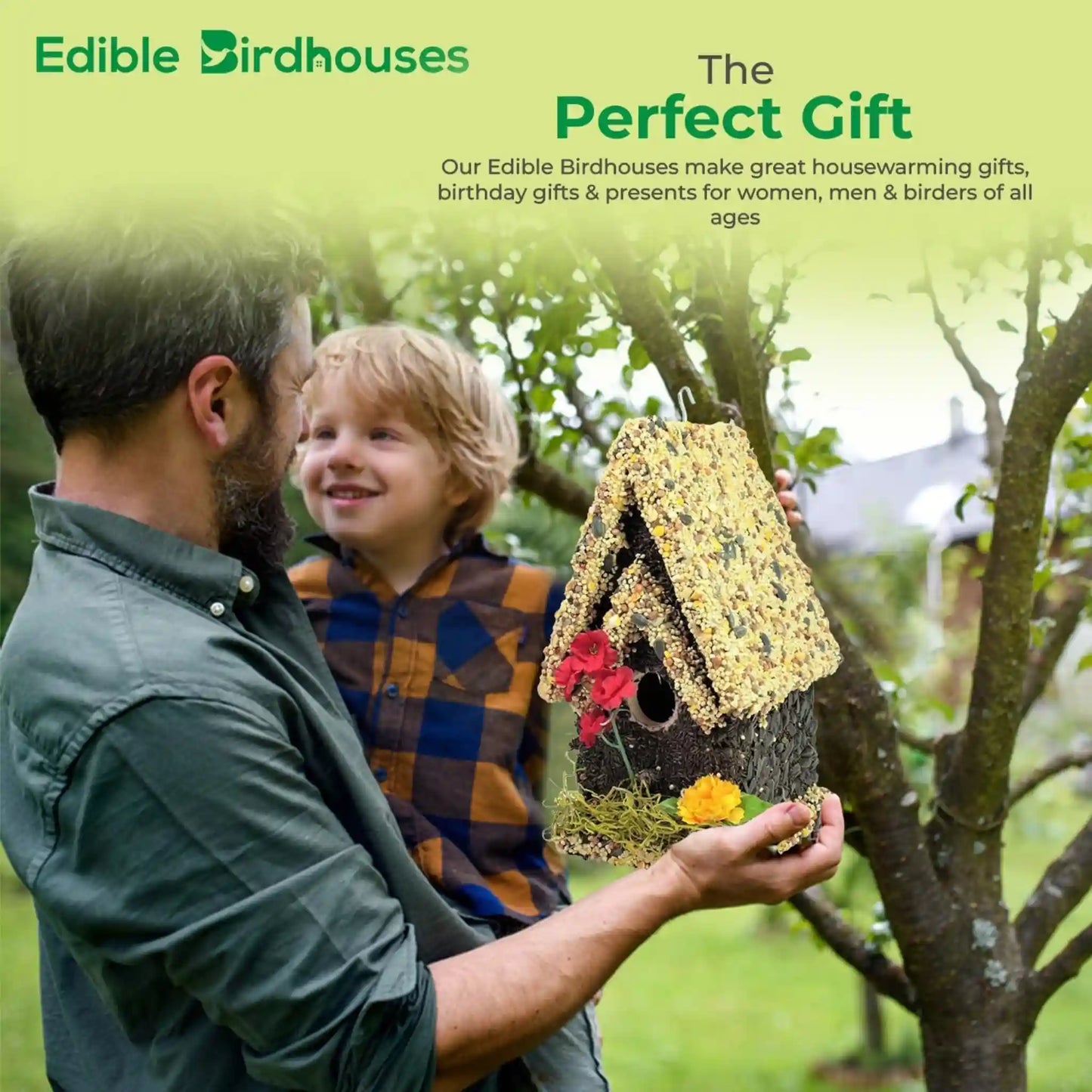 Handmade Edible Birdhouse - Light Roof, Tall Birdhouse Covered in Bird Seeds