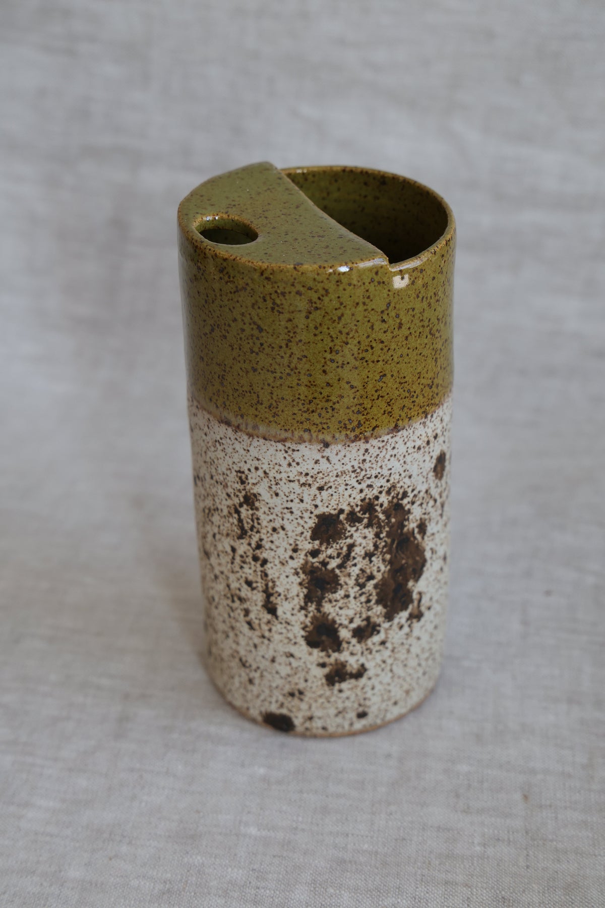 Olive Green and Quail Egg Speckled To Go Cup, Travel Mug, Travel Tumbler, Mustache Saver, Ceramic Stoneware, Hand Thrown in Maine 14-16oz. Pottery Cup