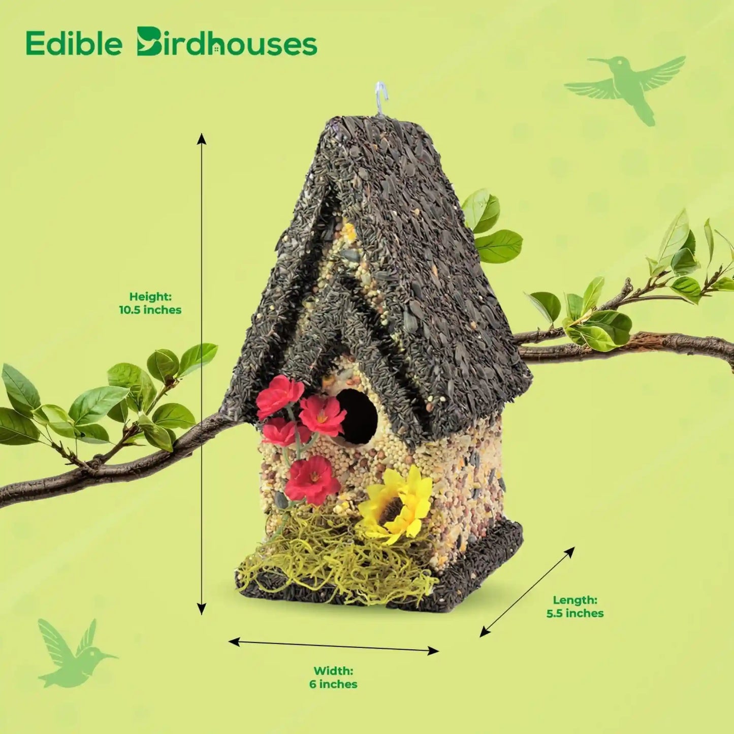 Handmade Edible Birdhouse - Dark Roof, Tall Birdhouse Covered in Bird Seeds