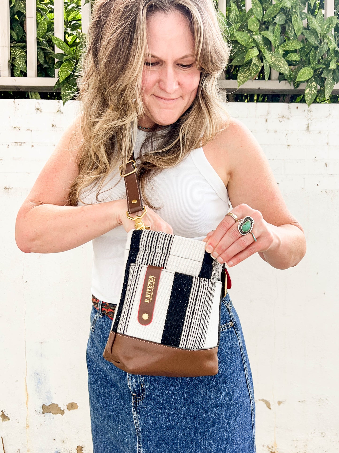 Betsy | Black and White Woven + Brown Leather