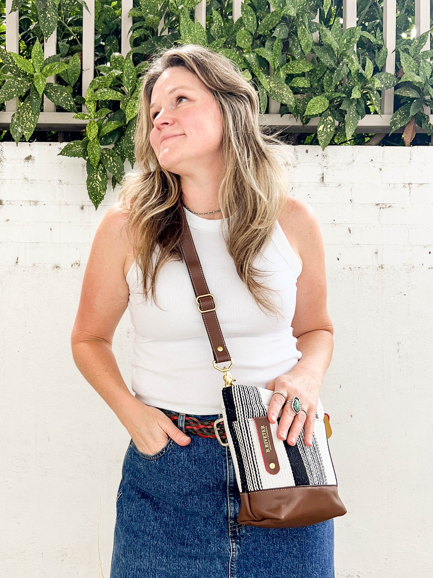Betsy | Black and White Woven + Brown Leather