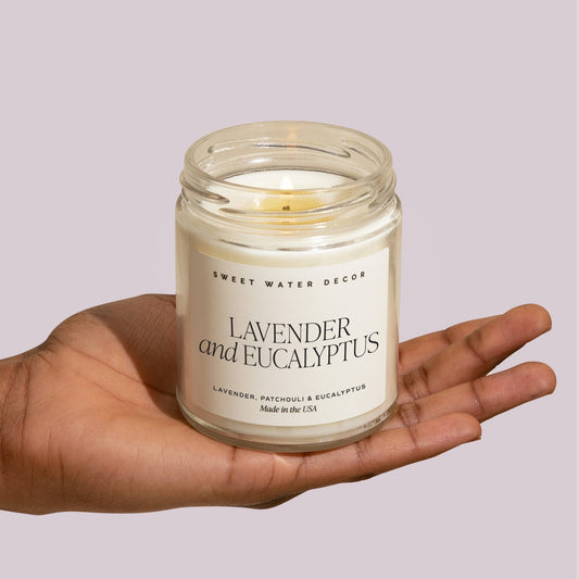 Lavender and Eucalyptus Soy Candle - Clear Jar - 9 oz (Self Care Calm and Comfort)