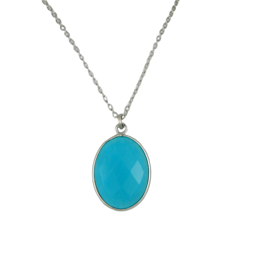 Dainty Turquoise Oval Pendant Necklace – 10x14mm Faceted Gemstone, 18" Sterling Silver Chain