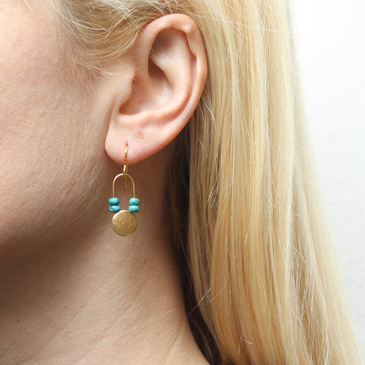 Small Disc with Oval Ring and Turquoise Beads Wire Earrings