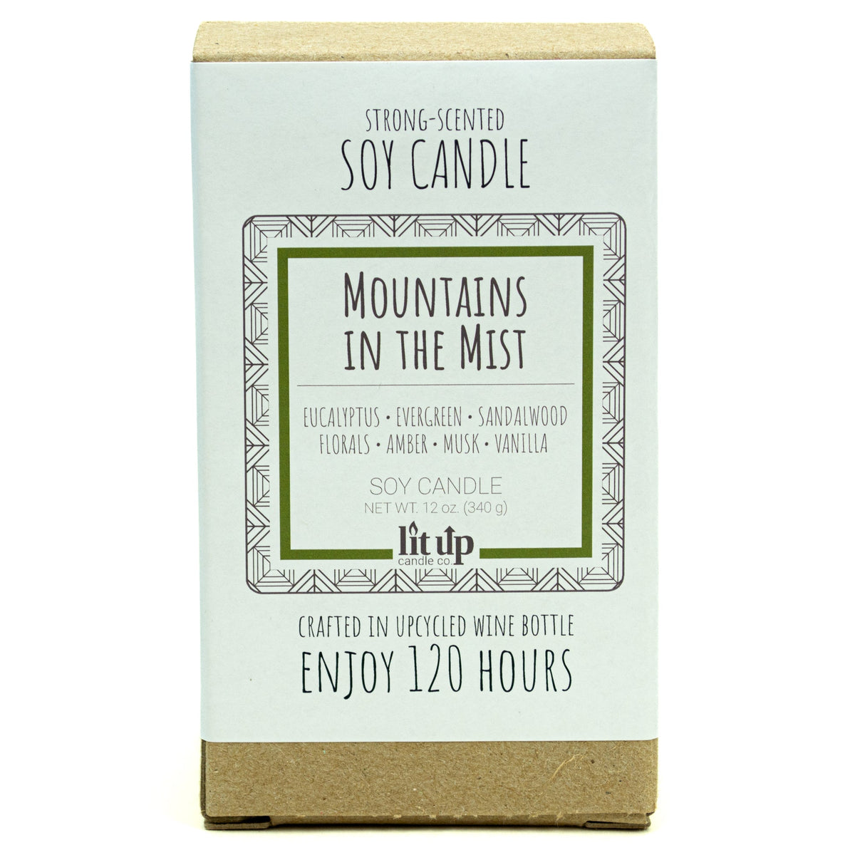 Mountains in the Mist 12 oz. soy candle in upcycled wine bottle | Eucalyptus, Sandalwood, Vanilla