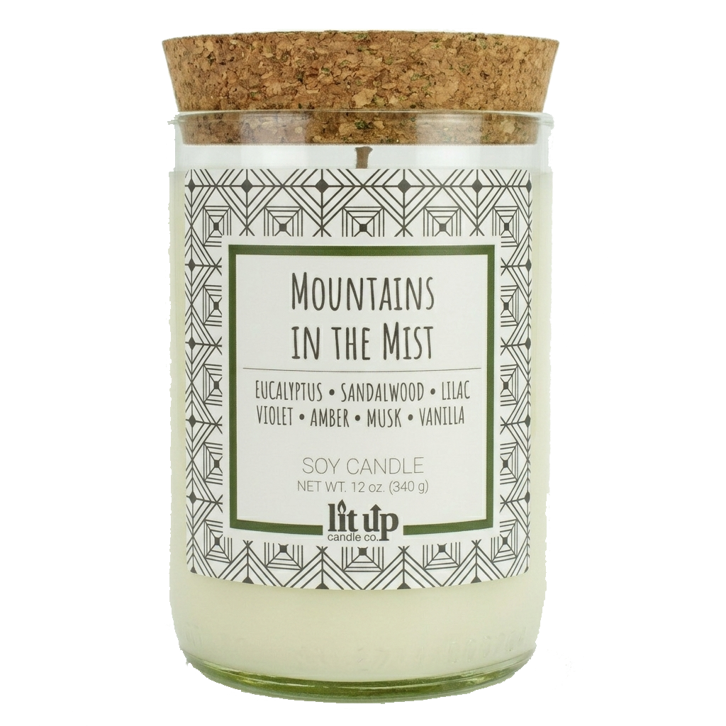 Mountains in the Mist 12 oz. soy candle in upcycled wine bottle | Eucalyptus, Sandalwood, Vanilla
