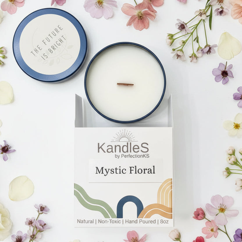 Mystic Floral Luxury Candle | 8oz Non-Toxic Soy Candle with Wooden Wick | Clean Burn