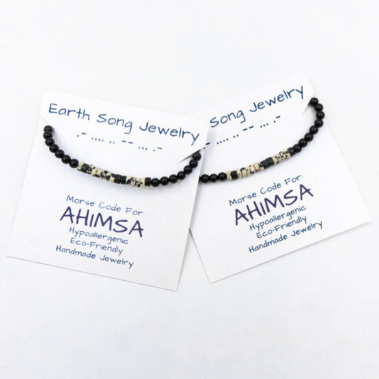 Ahimsa Morse Code Bracelet In Dalmatian Stone & Onyx