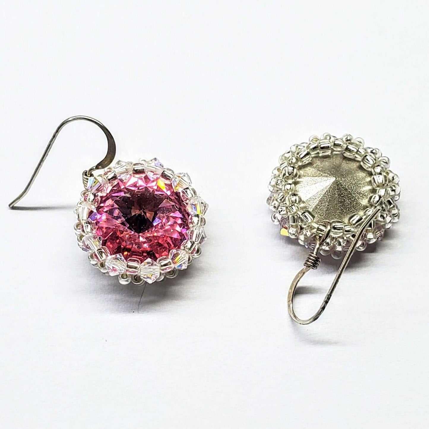 Handmade Beaded Bezel Pink Crystal Halo Earrings