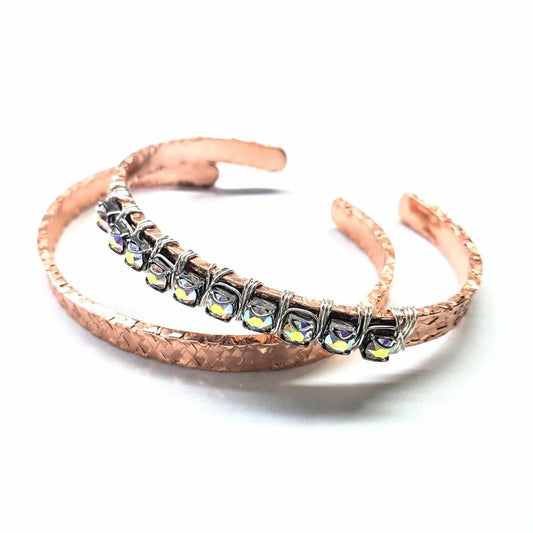 Handmade Glamorously Wrapped Texture Hammered Rhinestone Row Crystal Bling Bangles