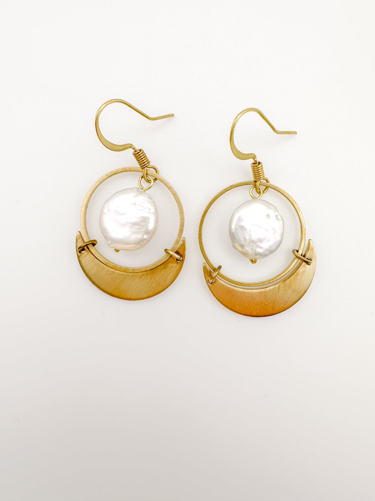 Coin Pearl hoop with half moon, Solid Brass Earrings, Fresh Water Pearl