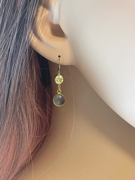 Aqua Hydro Quartz & Peridot Crystal Drop Earrings β 14k Gold Filled, Dainty 1.25β