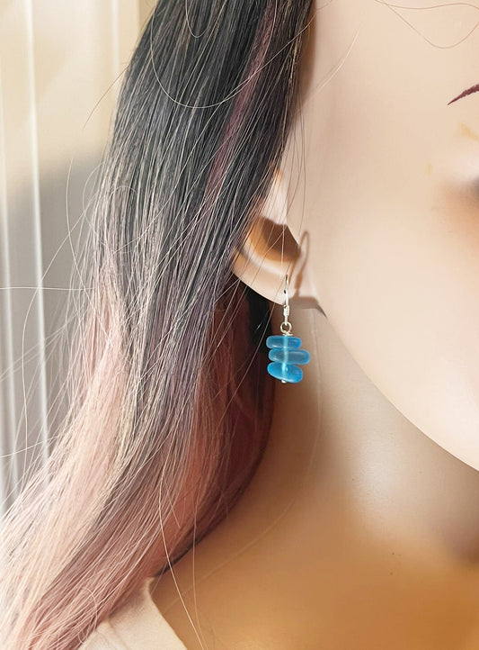 Aqua Blue Sea Glass Trio Stack Earrings โ Sterling Silver, 1.25โ