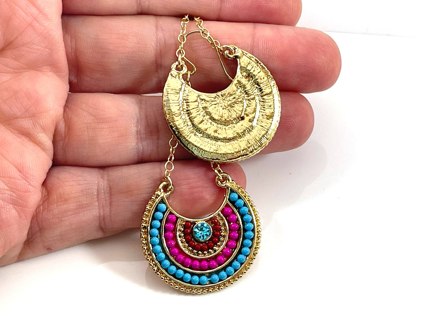 Boho Bright Beaded Half-Moon Earrings – Gold Filled Chain & Ear Wires
