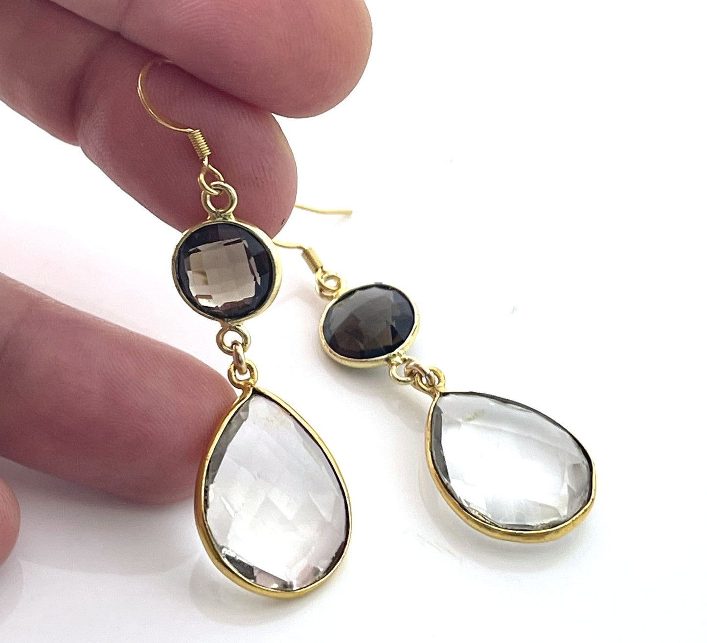 Smokey Quartz & Clear Quartz Drop Earrings – 14k Gold Filled, 2" Dangle, Handmade in Raleigh