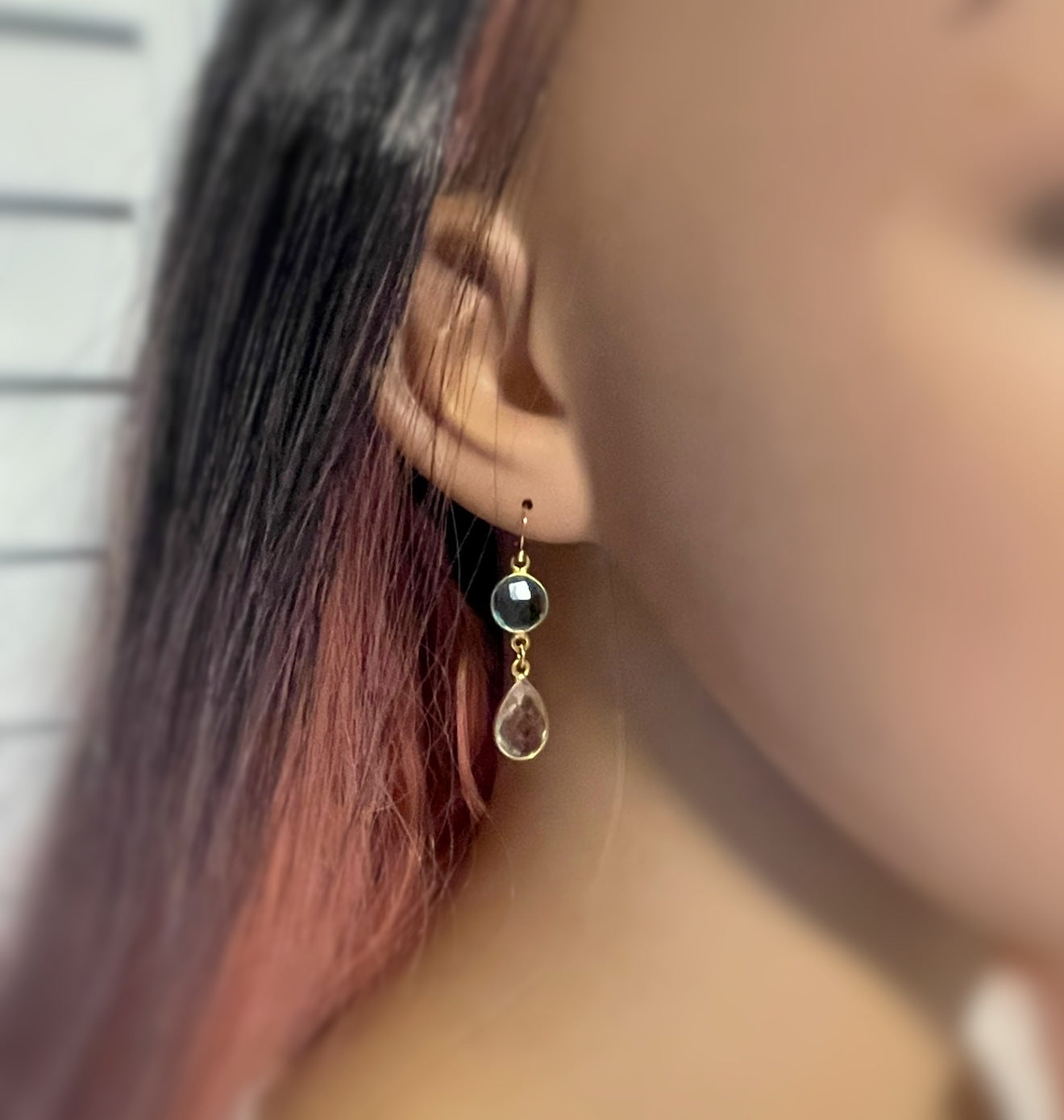 Blue & Clear Hydro Quartz Bezel Drop Earrings – 14k Gold Filled – Handmade in Raleigh NC – 1.5" Gift-Boxed Jewelry