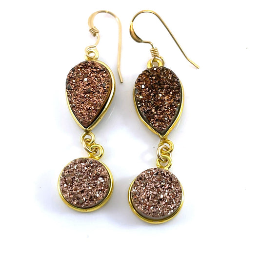 Rose Gold Druzy Drop Earrings – 14k Gold Filled Dangle Design – Handmade in Raleigh NC – 1.75" Gift-Boxed Jewelry
