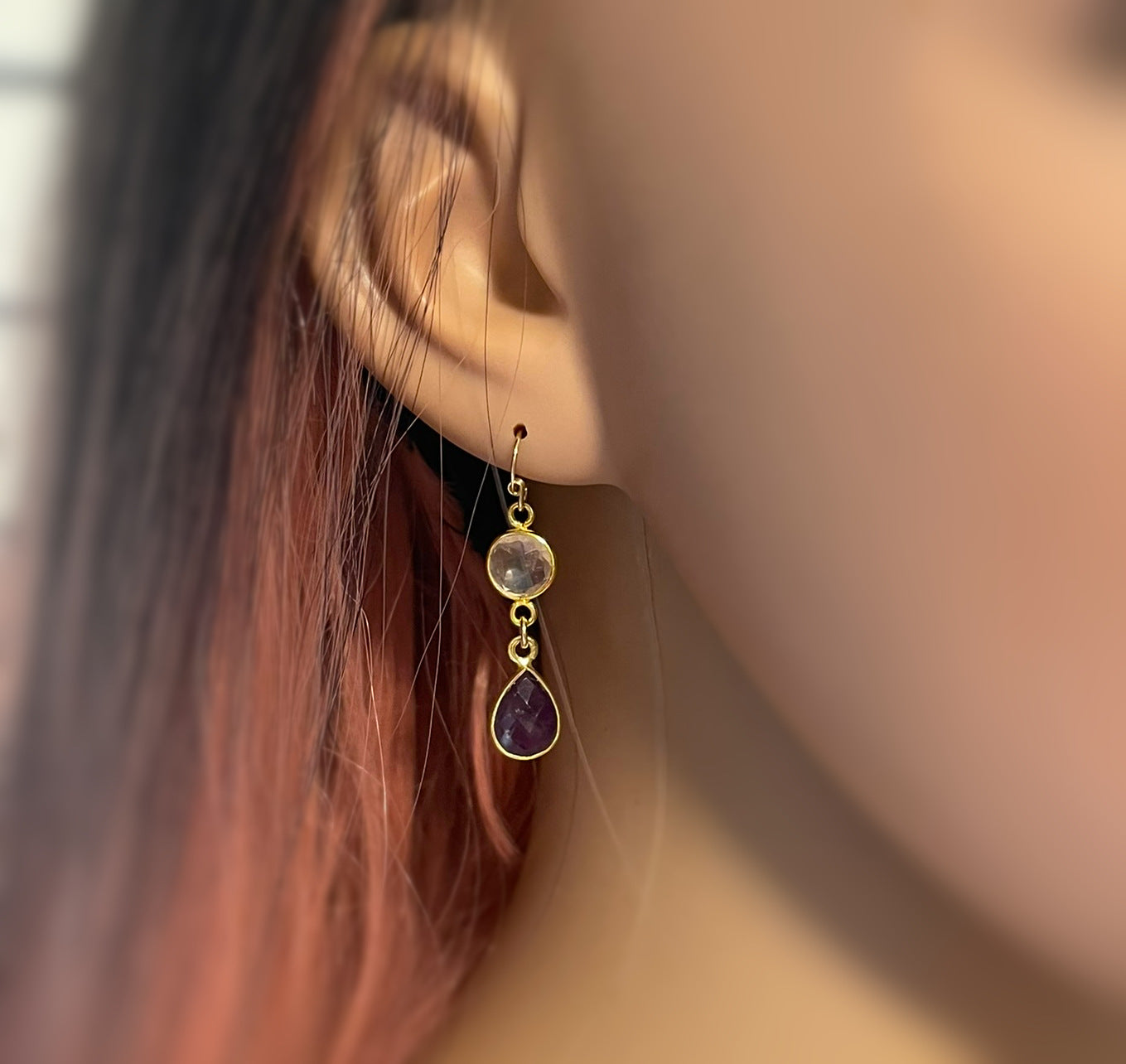 Clear Quartz & Amethyst Bezel Drop Earrings – 14k Gold Filled – Handmade in Raleigh NC – 1.5" Gift-Boxed Jewelry