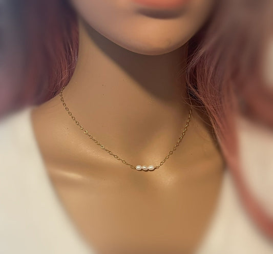 Dainty Pearl Choker โ 14k Gold Filled Chain โ Three Freshwater Pearls โ Handmade in Raleigh