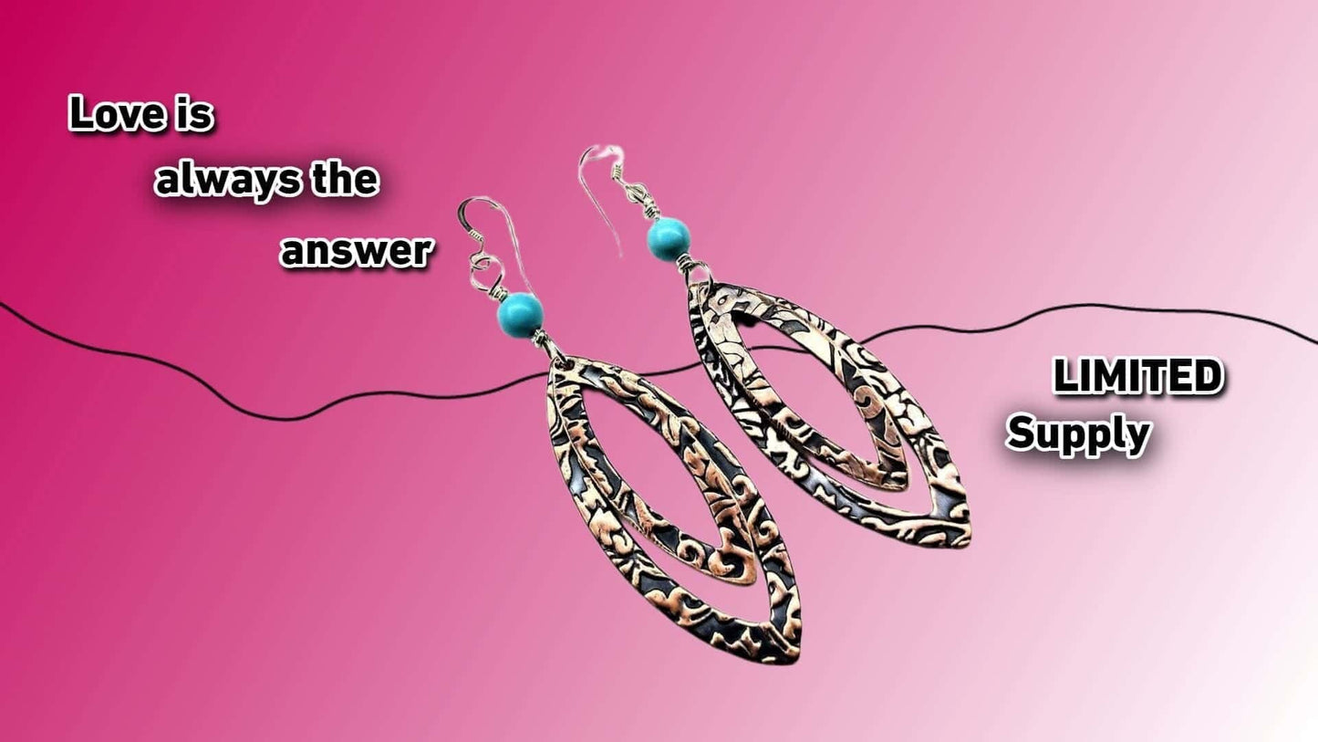 Long Handmade Copper Embossed Pointed Oval Turquoise Beaded Earrings