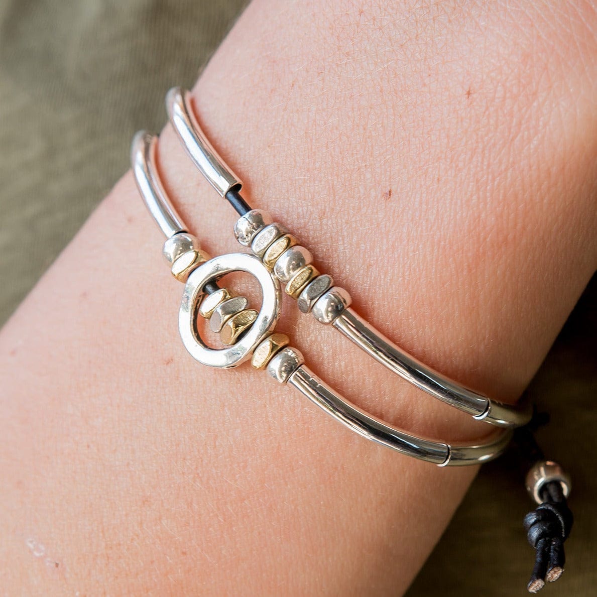 Optimism Two-Tone Adjustable Leather Bracelet | Silver & Gold Beads