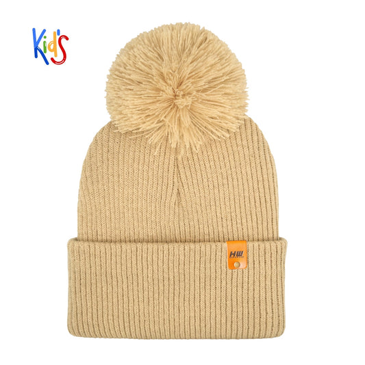 Traditional Pom Pom Kids Knit Beanie, Cuffed Winter Beanie