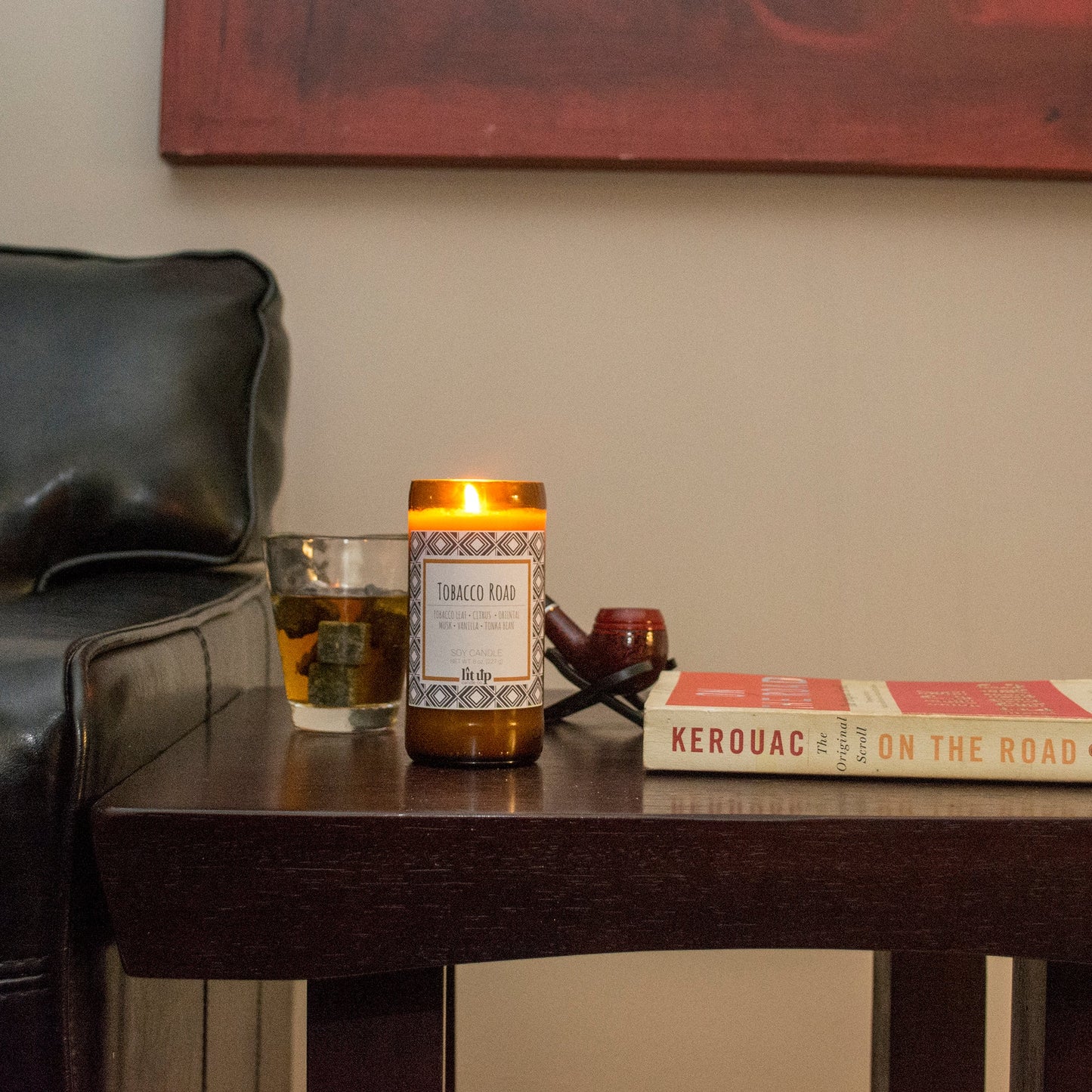 Tobacco Road scented 8 oz. soy candle in upcycled beer bottle - FKA Tobacco Caramel