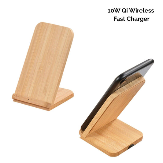 Solid Bamboo Desktop Phone Stand with Built-In Qi-Wireless 10W Charger