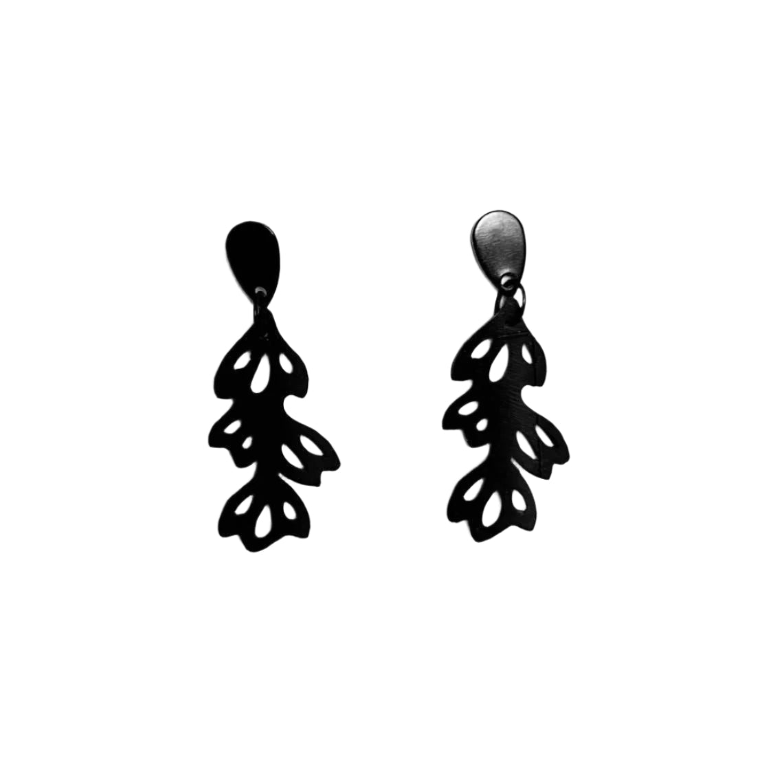 Black leaf-shaped earrings on a white background