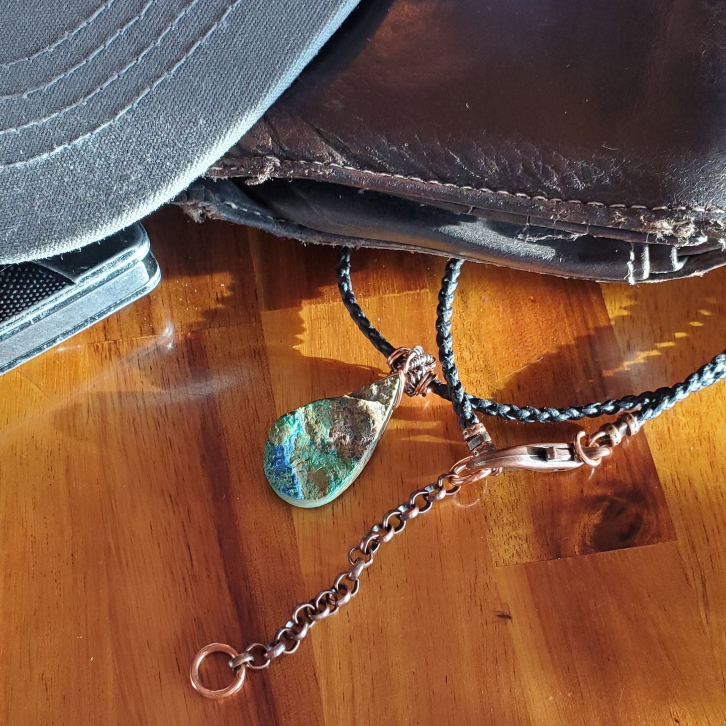 Wire Wrapped Copper Natural Azurite Malachite Drop Vegan Cord Necklace