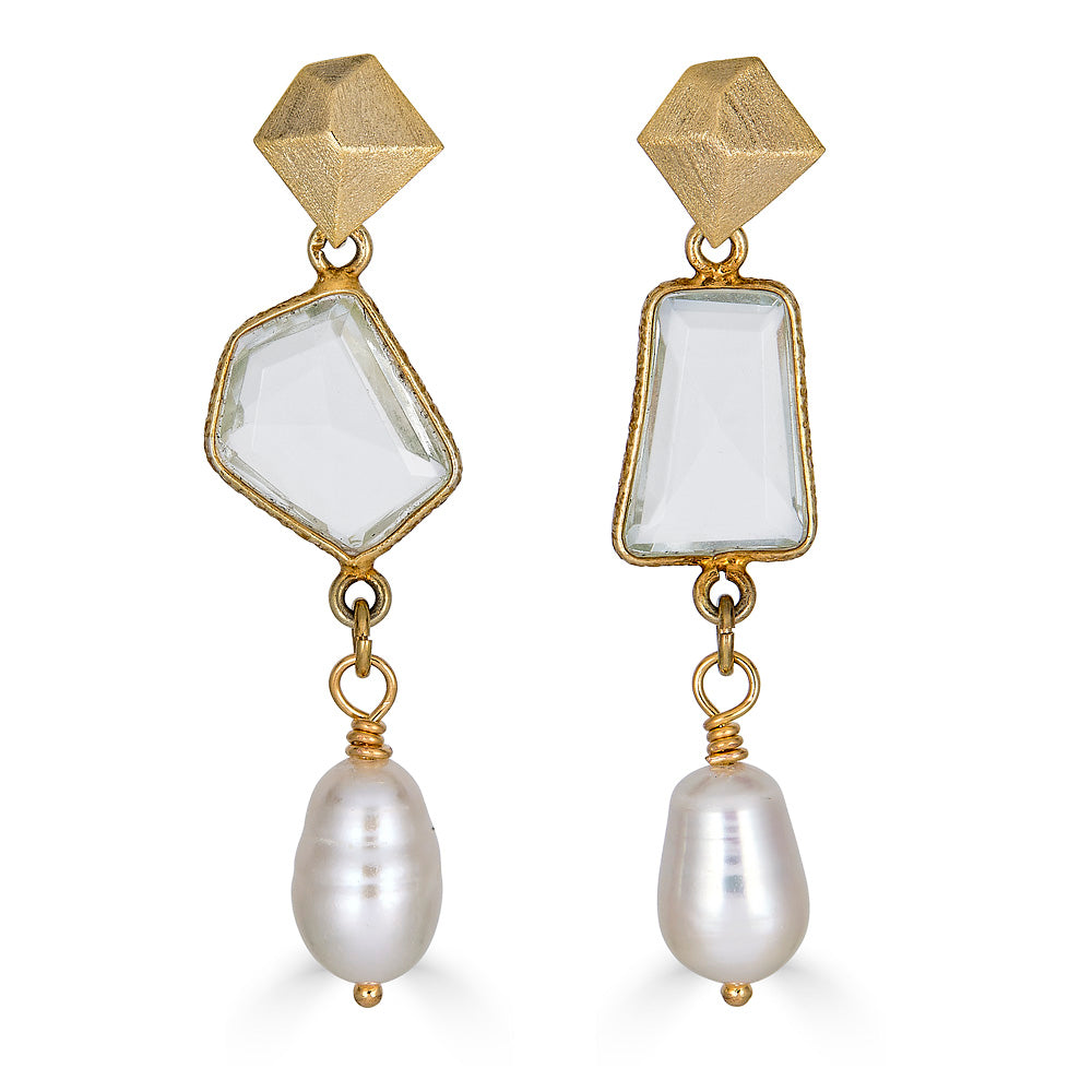 Asymmetrical Quartz and Pearl Earrings