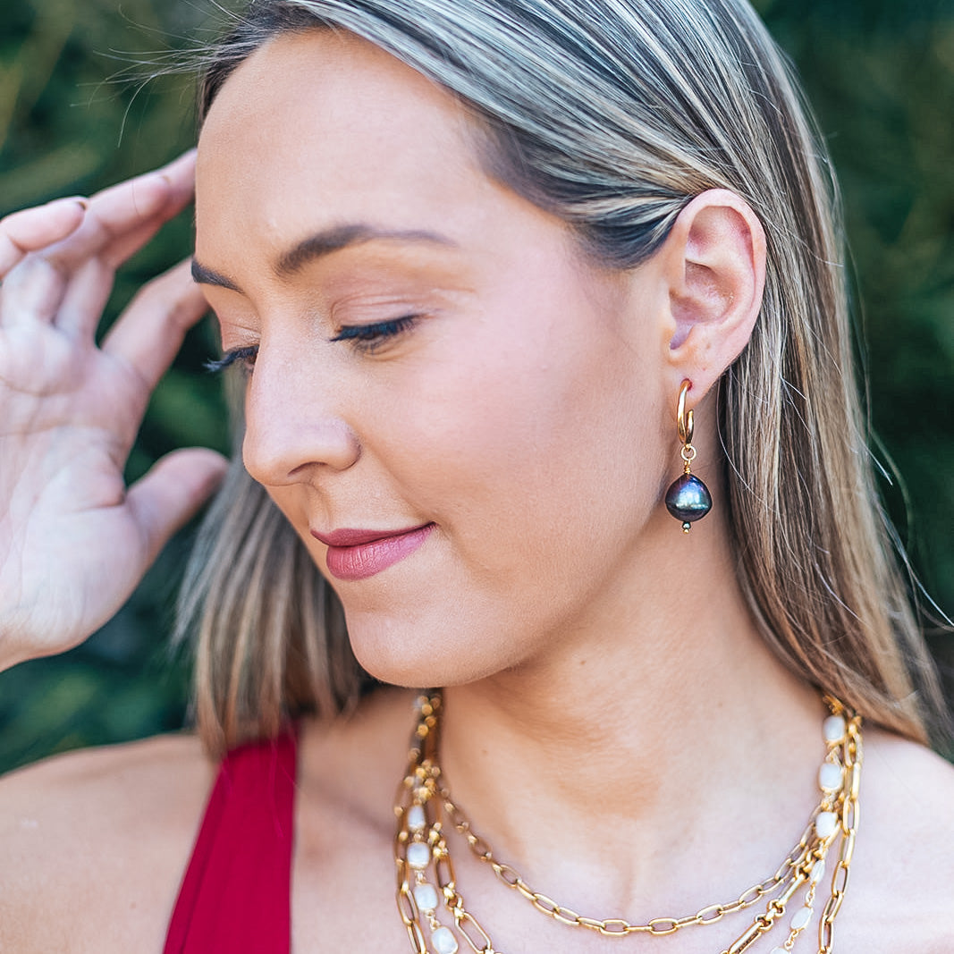 Black Baroque Pearl Hoop Earrings