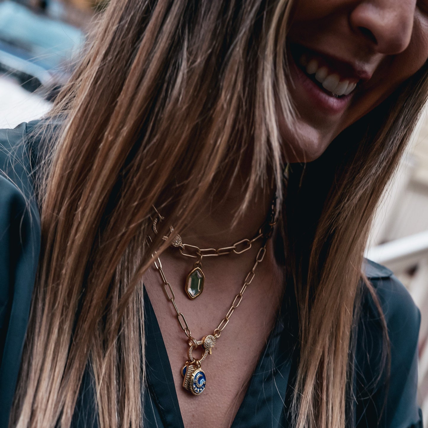 Blue Moon and Star Charm Necklace on Paperclip Chain