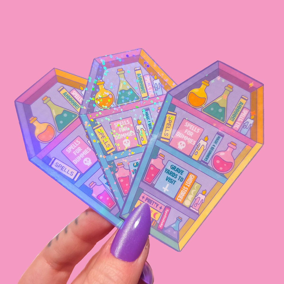 Pastel Goth Coffin Bookcase Sticker, 3 x 1.9 in.