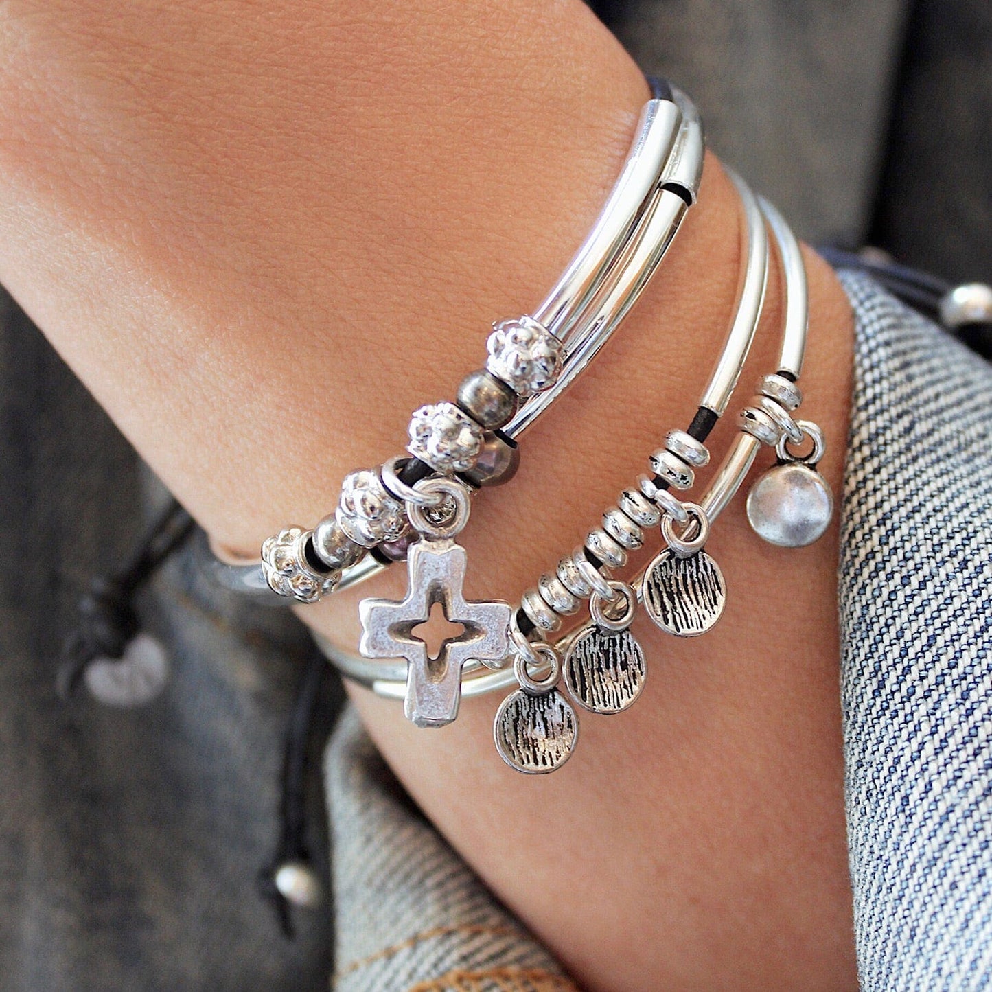 Faith Double-Strand Leather Bracelet with Silver Cross | Handmade in the USA