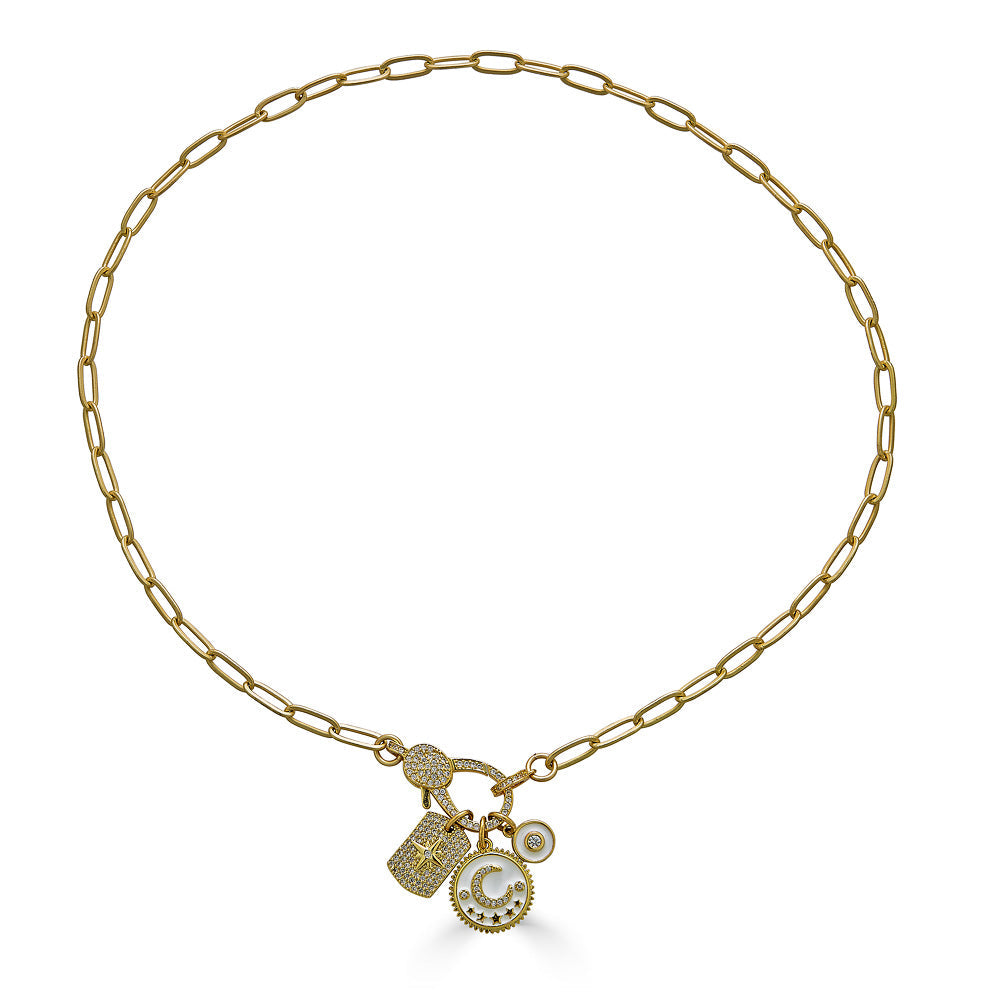 Blue Moon and Star Charm Necklace on Paperclip Chain