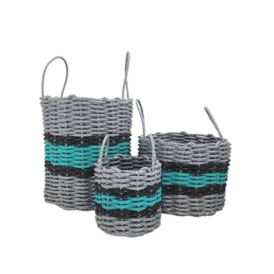 Lobster Rope Basket Light Gray and Teal, Black Accents