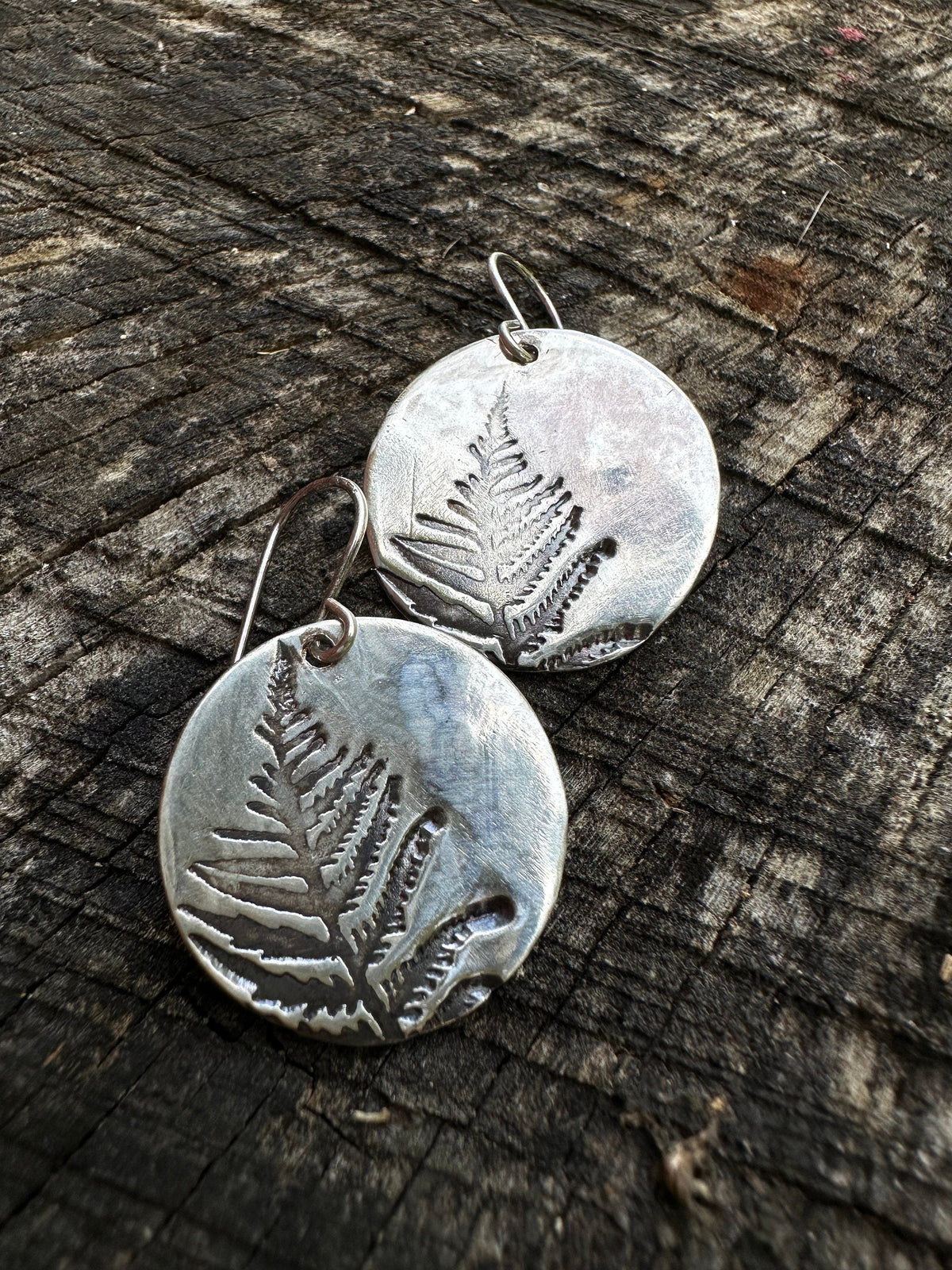 Disc Earrings with fern stamp pattern in Recycled Sterling silver