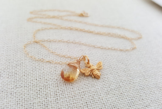 Bee and Citrine Necklace โ Dainty 14k Gold Filled November Birthstone Jewelry